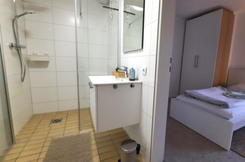 Maison Fasson Ferienwohnung 1 Duschbad Blick ins Schlafzimmer, Dusche und Waschtisch